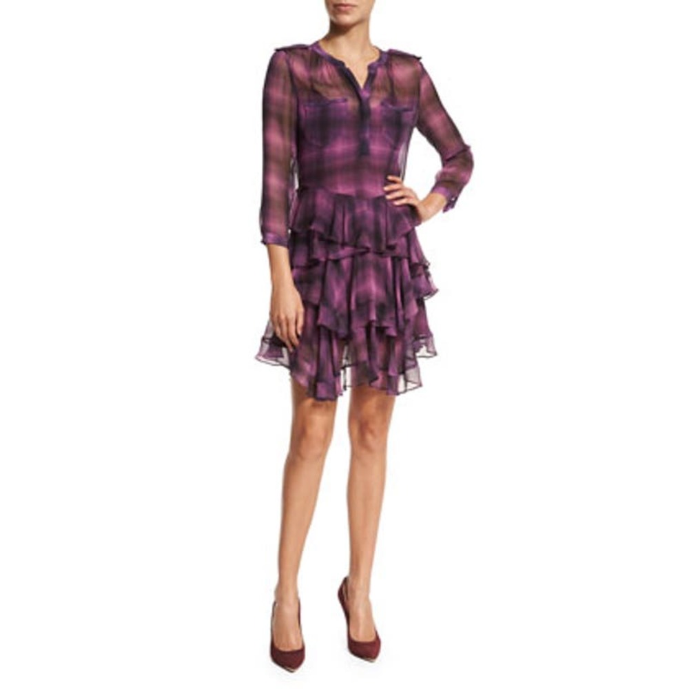 Rebecca Taylor Long Sleeve Plaid Ruffle Dress in Berry Size 2 Purple Black Sheer - Picture 2 of 16
